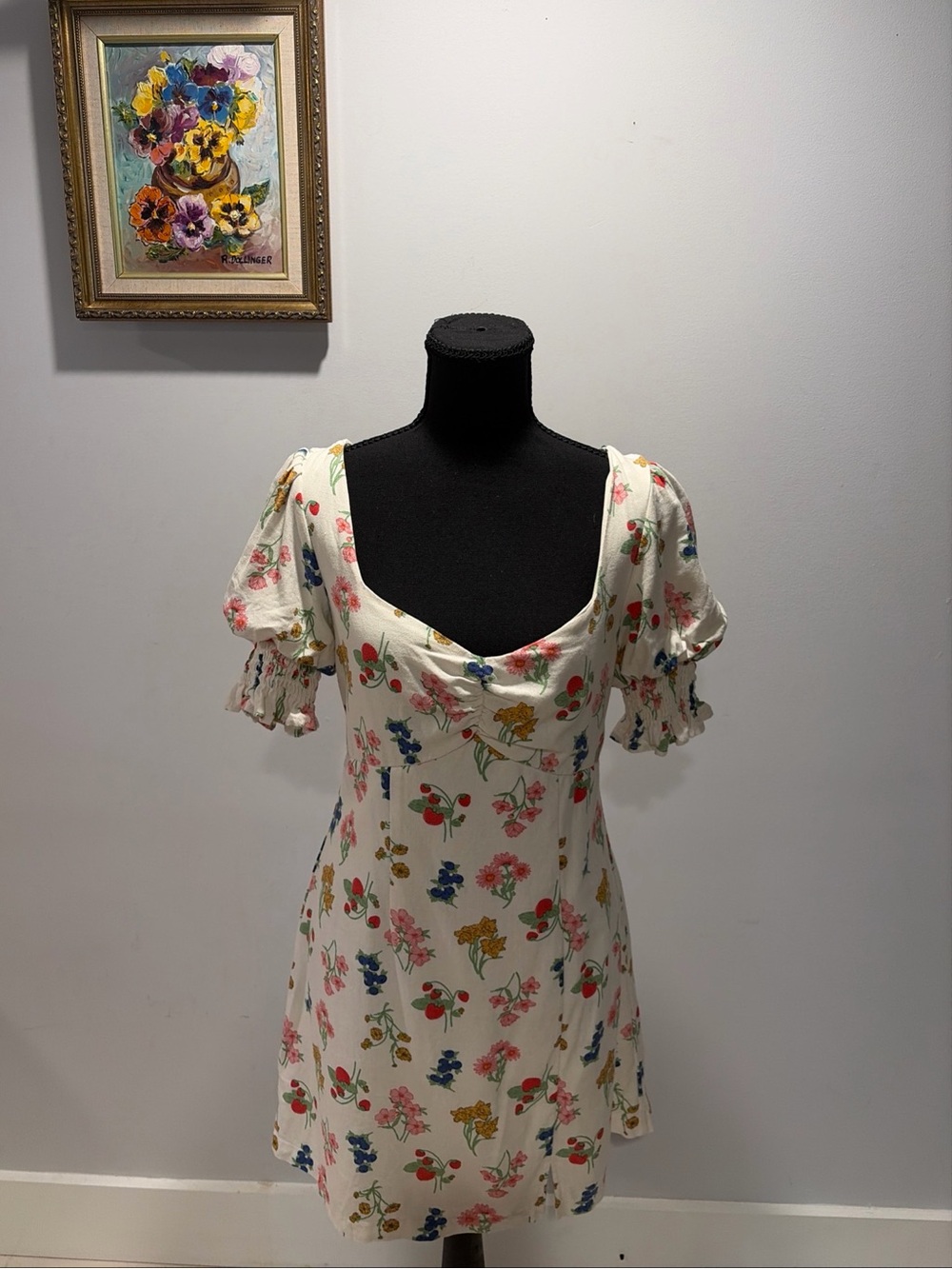 Fruit  Floral Mini  Dress Puff Sleeve Milk Maid Cottagecore Prairie  Coquette
